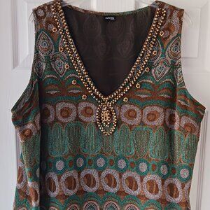 EUC Women's Rafaella Brown Sleeveless Beaded Bohemian Style Top Green Beige Sz L